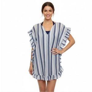 J. Crew Beachwear Blue White Striped Ruffle Trim Cover Up Dress Medium